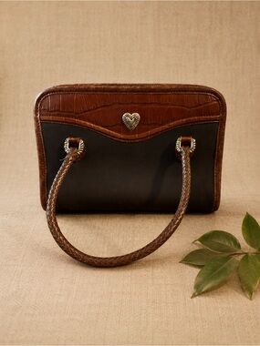 Brighton Croc‑Trim Braided Handle Satchel – Brown & Black Leather